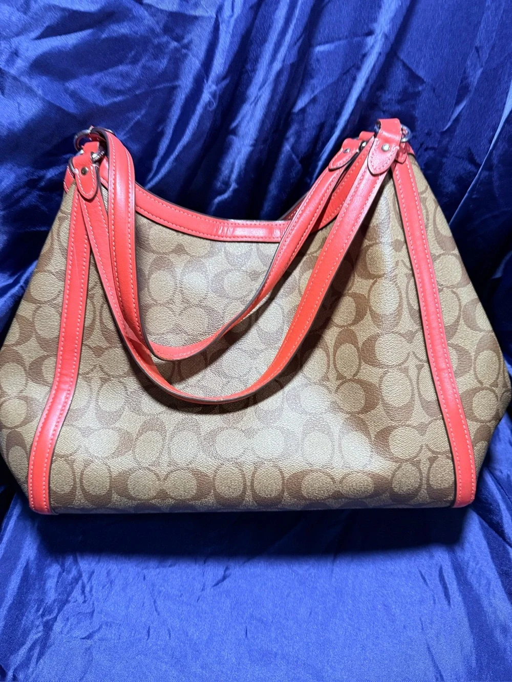 Coach Signature Canvas Hobo Bag in Tan with Red Trim